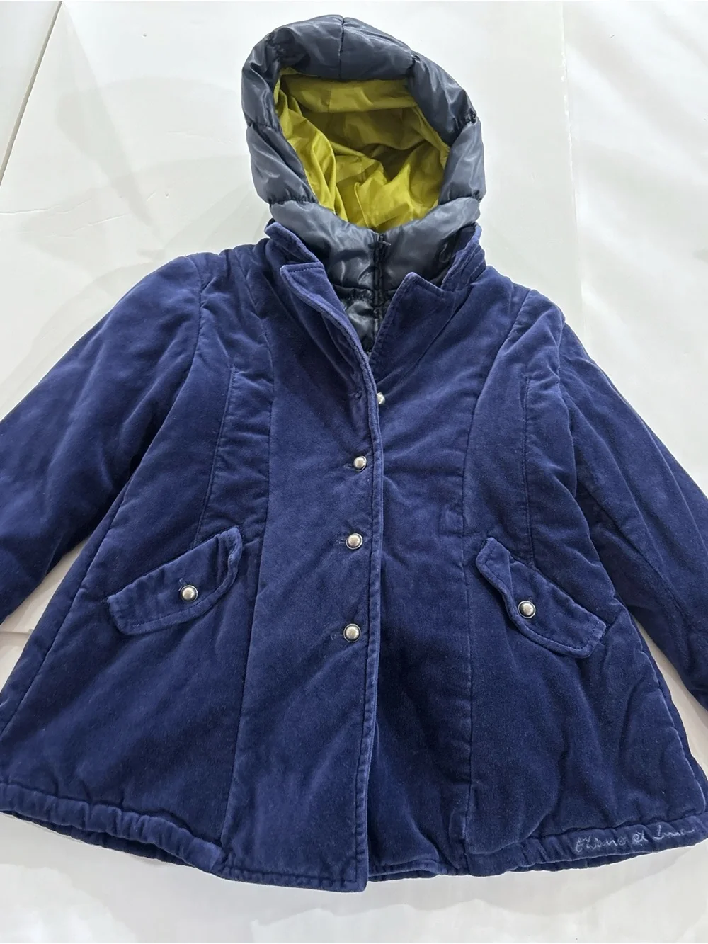 Eliane et Lena Girls Velvet Puffer Coat 2A Blue Hooded Paris Chic Jacket